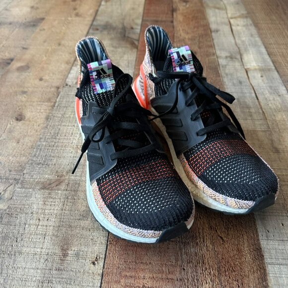 Adidas Ultraboost 19 Mens Running Shoes Size 10 Black & Orange Multicolor Knit - Picture 1 of 8